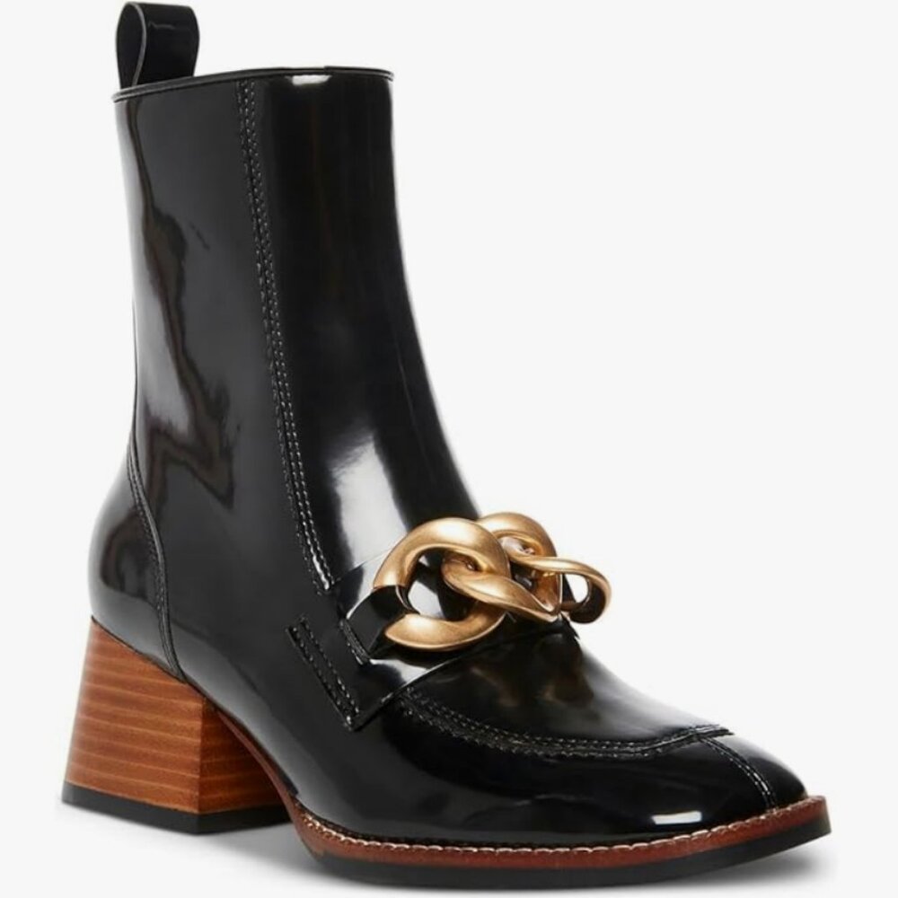 2/$30 Steve Madden Girls Loreen Patent Leather Gold Chain Black Boots 3